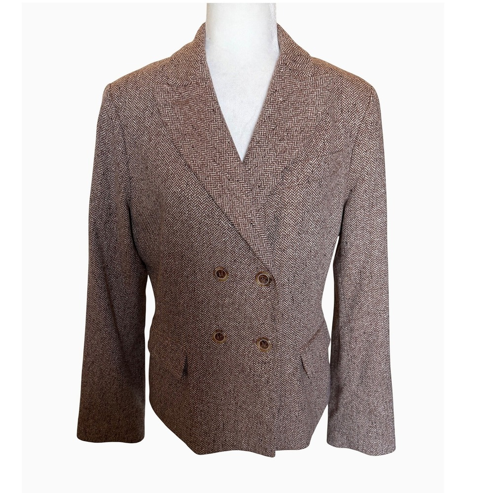 Talbots Herringbone Blazer Women's 16 Brown Double Breasted Wool Blend Academic